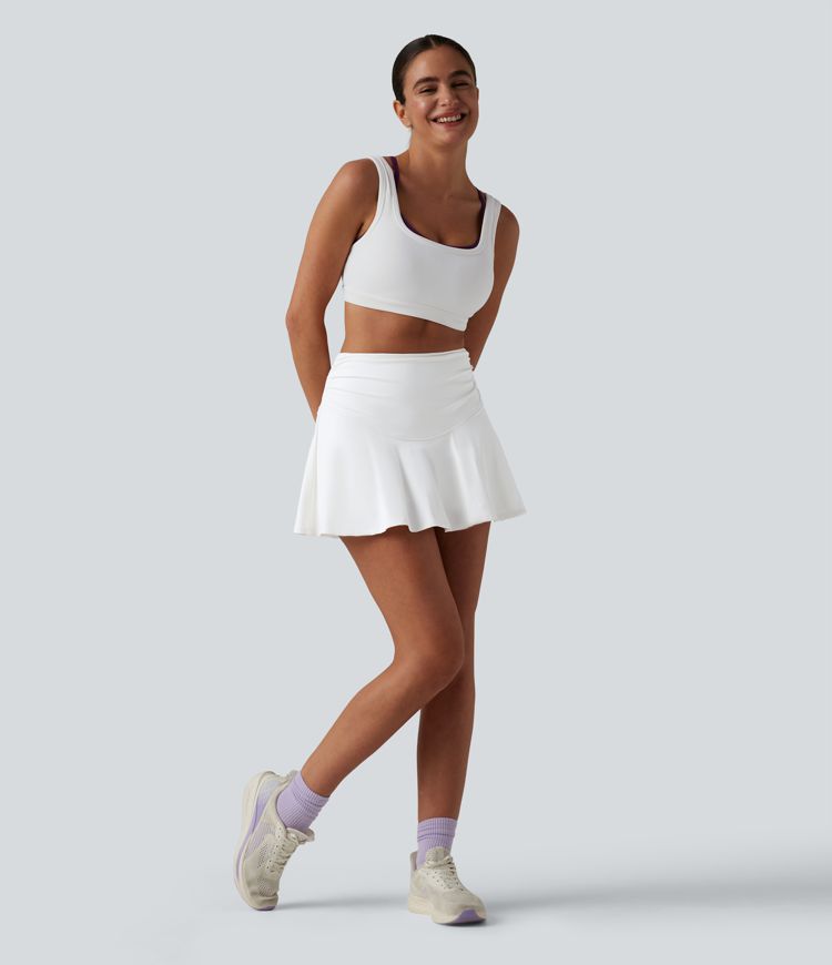 High Waisted Ruched Tummy Control 2-in-1 Cool Touch Quick Dry Mini Workout A-Line Skirt with Pockets-UPF50+