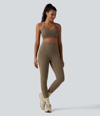 Ribbed Knit Low Support Crisscross Backless Built-in Bra Yoga Sports Bra