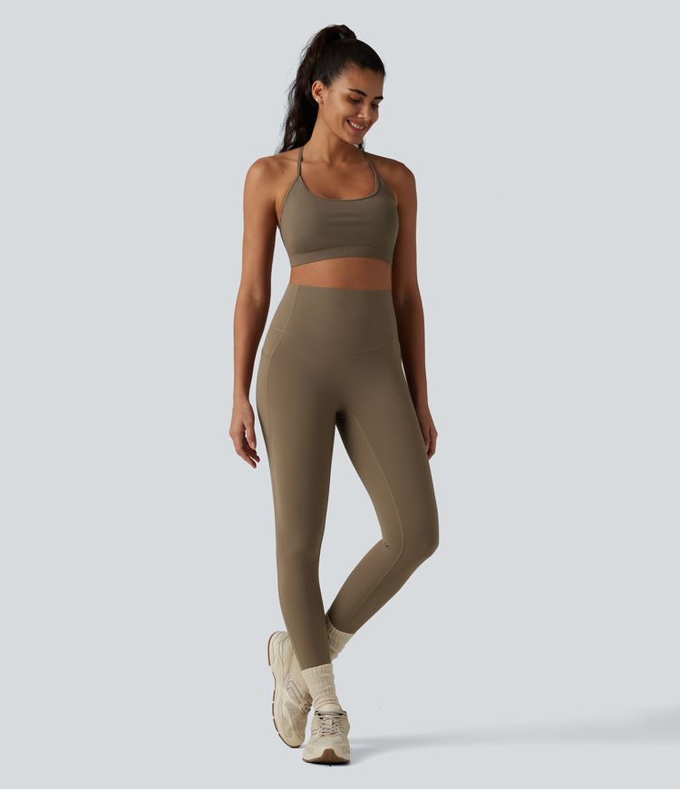 Ribbed Knit Low Support Crisscross Backless Built-in Bra Yoga Sports Bra