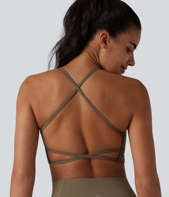 Ribbed Knit Low Support Crisscross Backless Built-in Bra Yoga Sports Bra