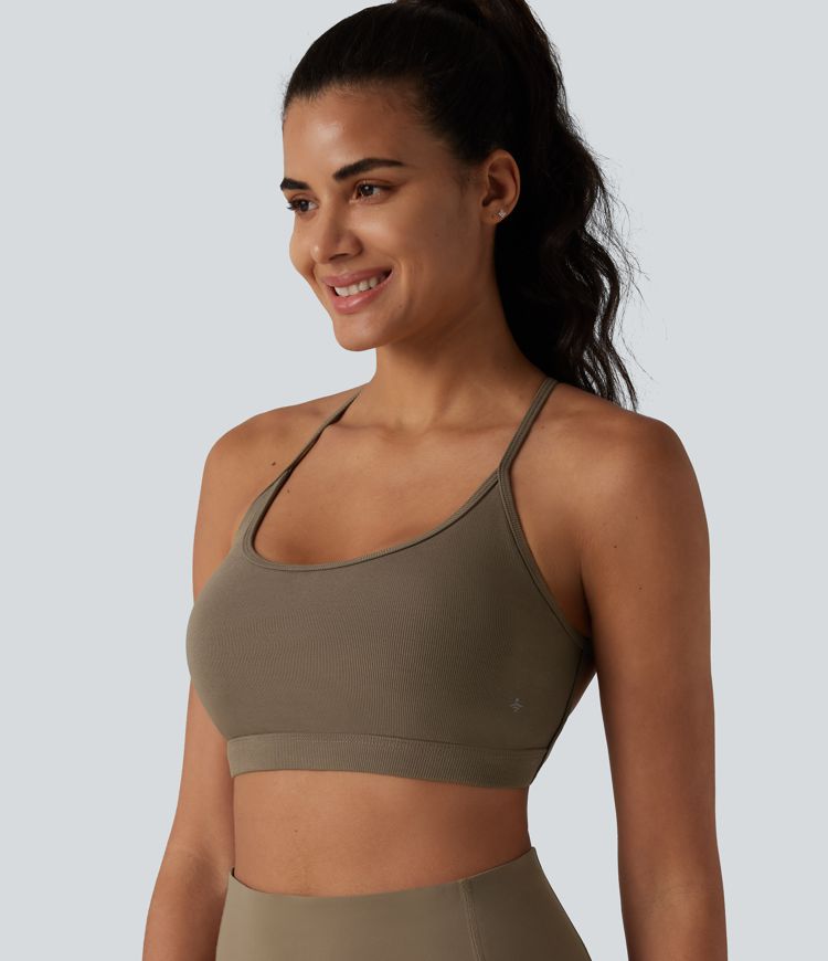 Ribbed Knit Low Support Crisscross Backless Built-in Bra Yoga Sports Bra