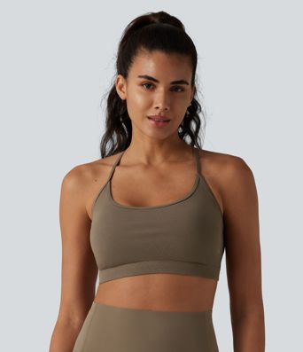 Ribbed Knit Low Support Crisscross Backless Built-in Bra Yoga Sports Bra