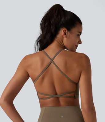 Ribbed Knit Low Support Crisscross Backless Built-in Bra Yoga Sports Bra