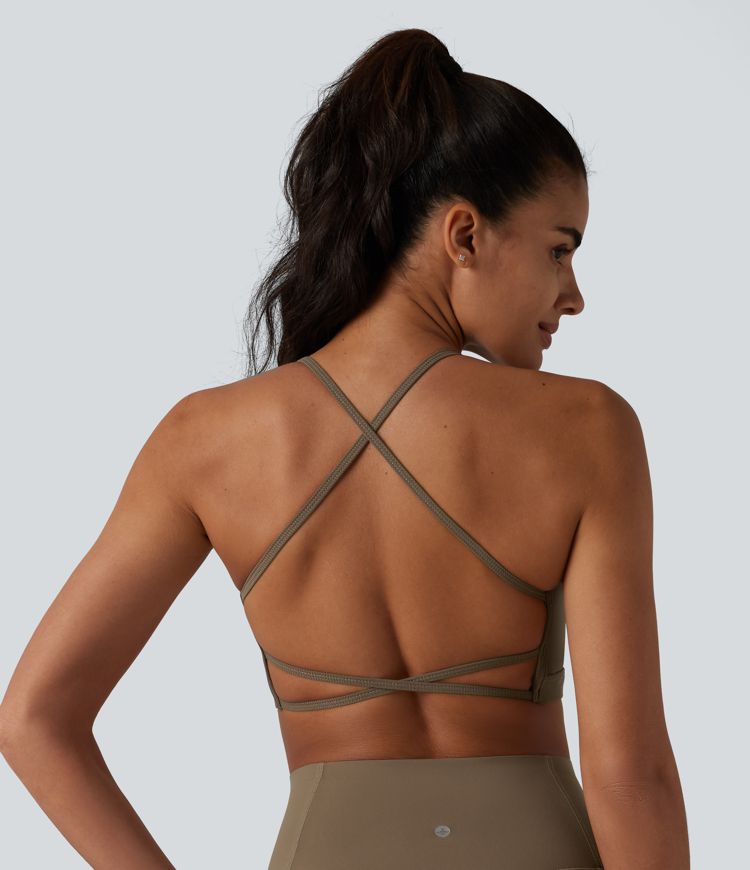 Ribbed Knit Low Support Crisscross Backless Built-in Bra Yoga Sports Bra