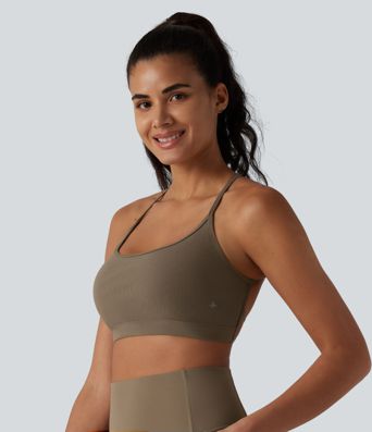 Ribbed Knit Low Support Crisscross Backless Built-in Bra Yoga Sports Bra