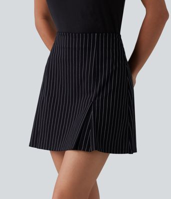 Jupe mini allongée taille haute 2-en-1, toucher frais, à rayures, coupe trapèze pour le bureau