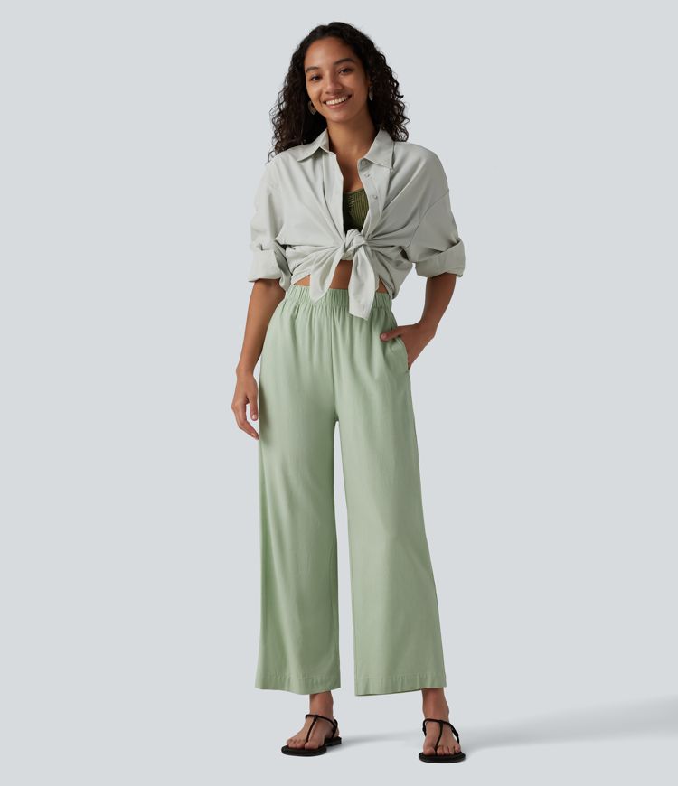 Lässige 7/8-Hose aus Leinen mit hohem Bund, Seitentaschen und geradem Bein