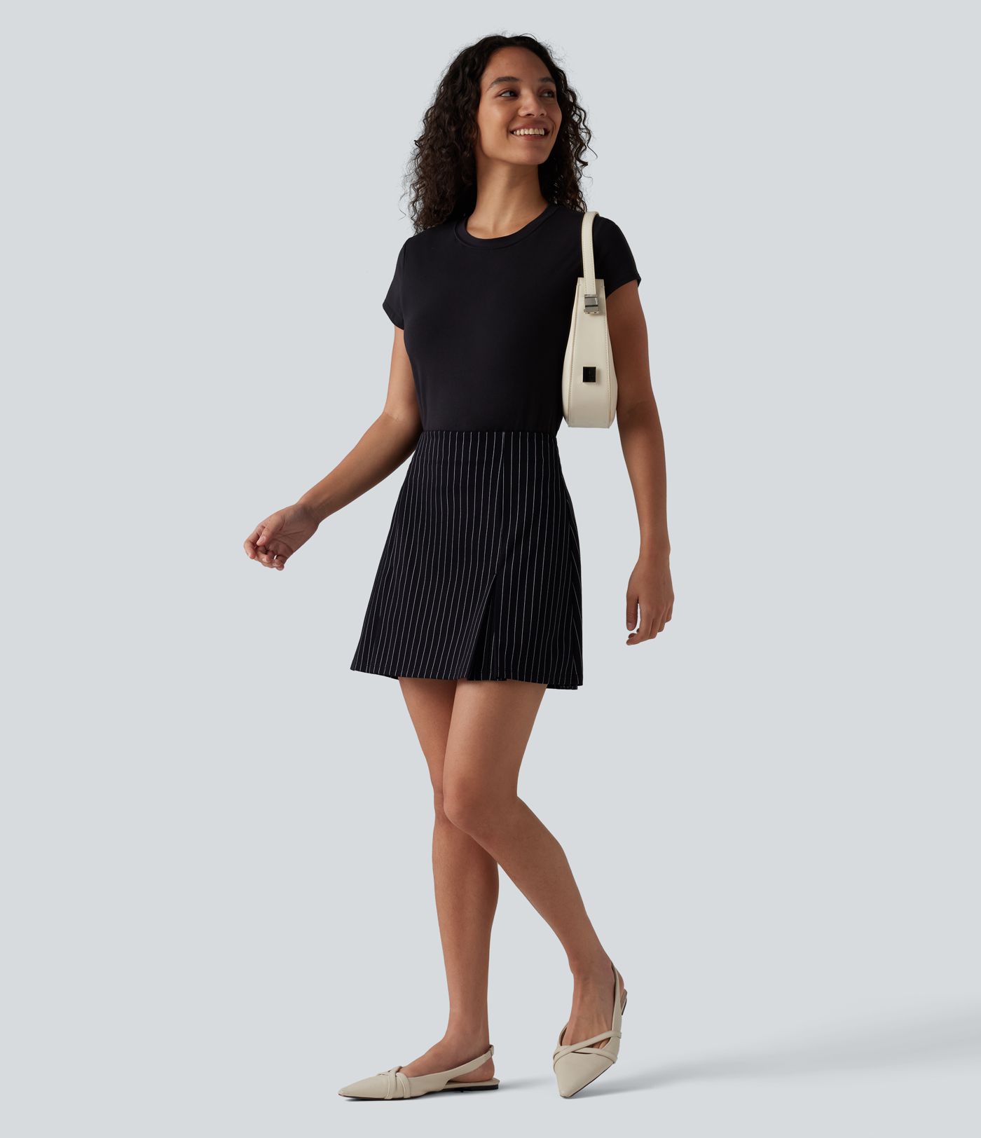 Jupe mini allongée taille haute 2-en-1, toucher frais, à rayures, coupe trapèze pour le bureau