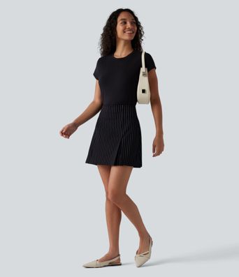 Jupe mini allongée taille haute 2-en-1, toucher frais, à rayures, coupe trapèze pour le bureau