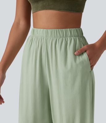 Lässige 7/8-Hose aus Leinen mit hohem Bund, Seitentaschen und geradem Bein