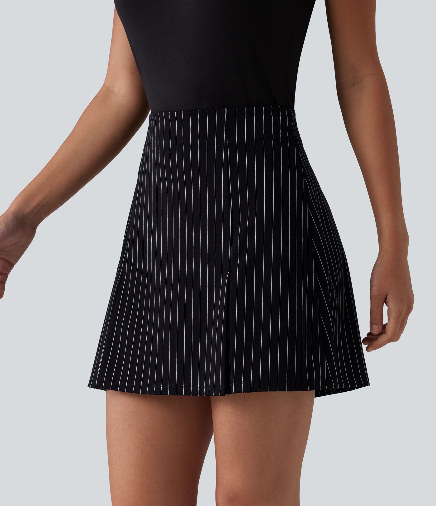 Jupe mini allongée taille haute 2-en-1, toucher frais, à rayures, coupe trapèze pour le bureau