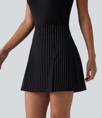 Jupe mini allongée taille haute 2-en-1, toucher frais, à rayures, coupe trapèze pour le bureau