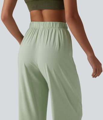 Lässige 7/8-Hose aus Leinen mit hohem Bund, Seitentaschen und geradem Bein