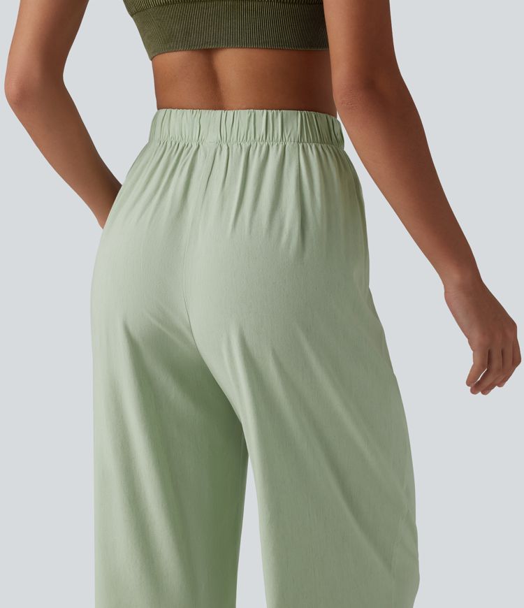 Lässige 7/8-Hose aus Leinen mit hohem Bund, Seitentaschen und geradem Bein