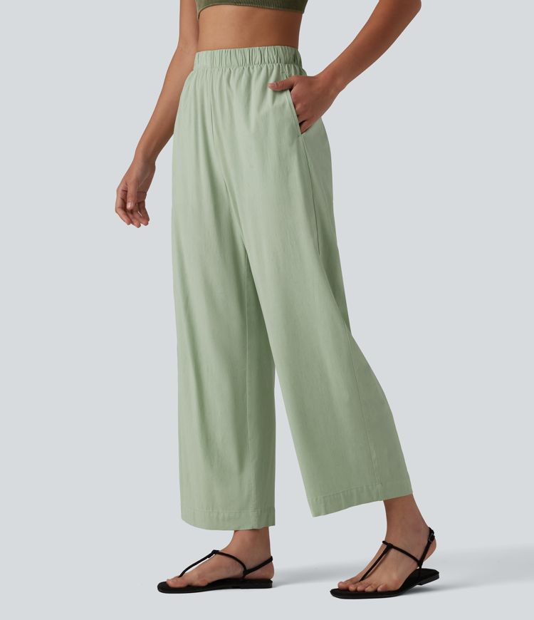 Lässige 7/8-Hose aus Leinen mit hohem Bund, Seitentaschen und geradem Bein