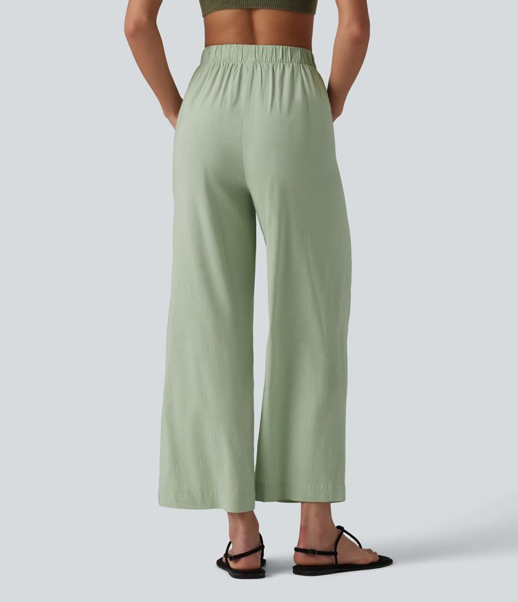 Lässige 7/8-Hose aus Leinen mit hohem Bund, Seitentaschen und geradem Bein