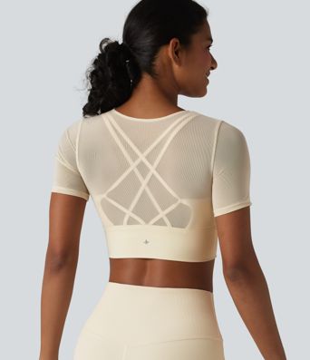 Contrast Mesh Short Sleeve 2-in-1 Cropped Yoga Sports Top Contrast Mesh Short Sleeve 2-in-1 Cropped Yoga Sports Top