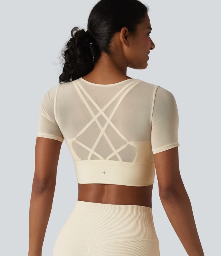Contrast Mesh Short Sleeve 2-in-1 Cropped Yoga Sports Top Contrast Mesh Short Sleeve 2-in-1 Cropped Yoga Sports Top