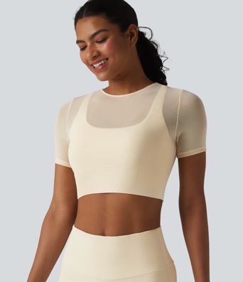 Contrast Mesh Short Sleeve 2-in-1 Cropped Yoga Sports Top Contrast Mesh Short Sleeve 2-in-1 Cropped Yoga Sports Top