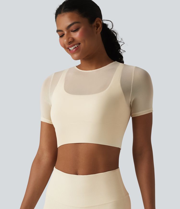 Contrast Mesh Short Sleeve 2-in-1 Cropped Yoga Sports Top Contrast Mesh Short Sleeve 2-in-1 Cropped Yoga Sports Top