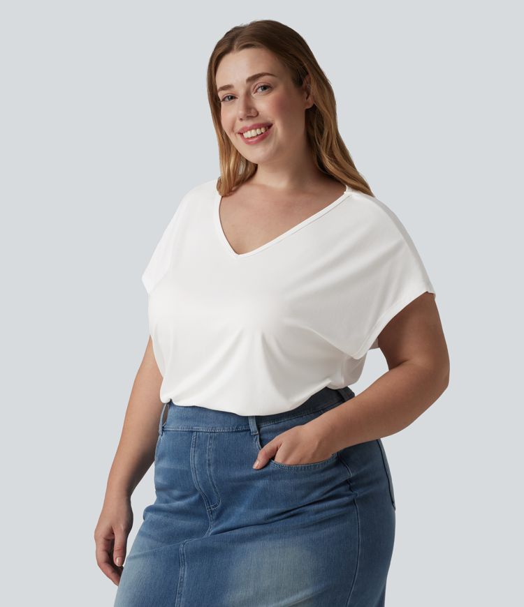 T-shirt z dekoltem w serek, krótki rękaw, casualowy, w dużych rozmiarach