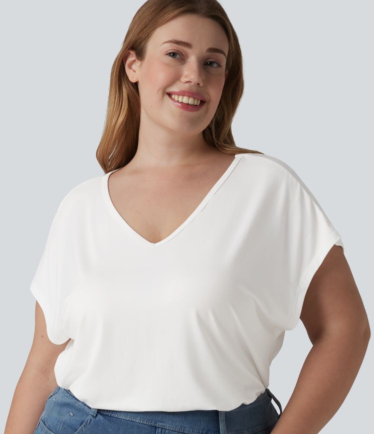 T-shirt z dekoltem w serek, krótki rękaw, casualowy, w dużych rozmiarach