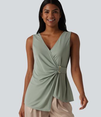 V-neck Sleeveless Asymmetric Hem Casual Shirt