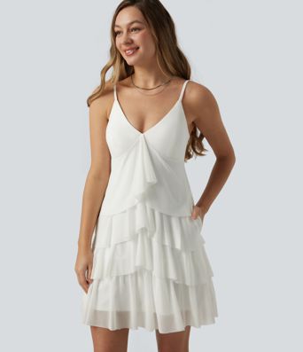 Robe nuisette courte décontractée à volants, dos nu croisé, empiècement en résille, brassière intégrée et poches