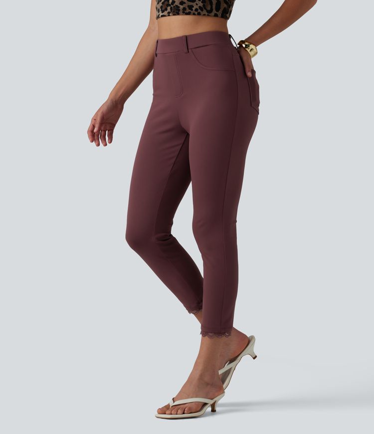 DayStretch High Waisted Contrast Lace Casual Cropped Leggings with Pockets