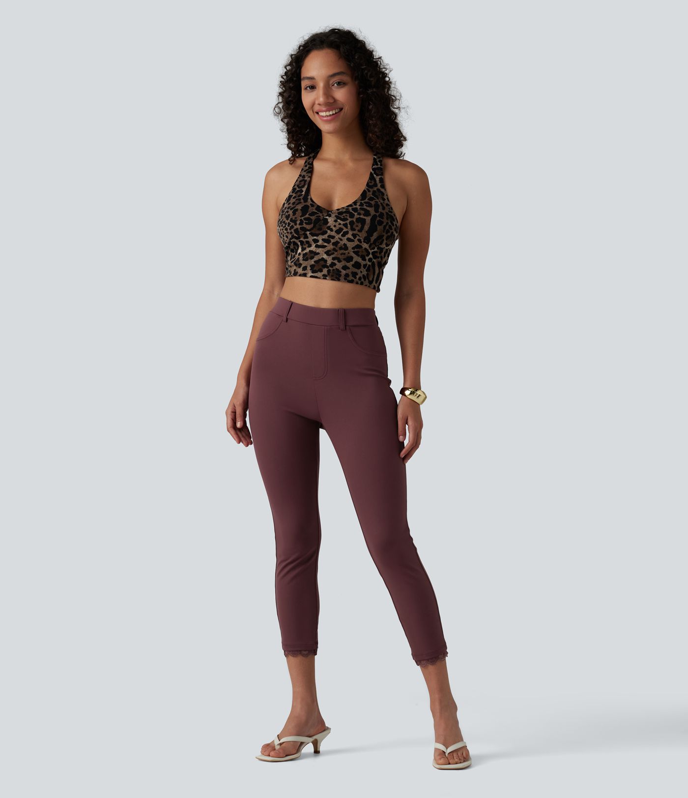 DayStretch High Waisted Contrast Lace Casual Cropped Leggings with Pockets