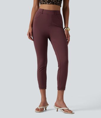DayStretch High Waisted Contrast Lace Casual Cropped Leggings with Pockets