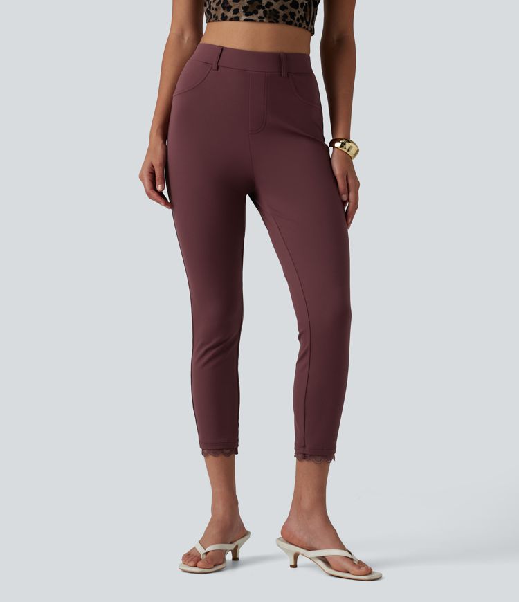 DayStretch High Waisted Contrast Lace Casual Cropped Leggings with Pockets