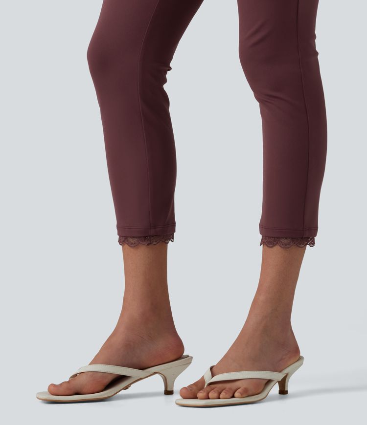 DayStretch High Waisted Contrast Lace Casual Cropped Leggings with Pockets