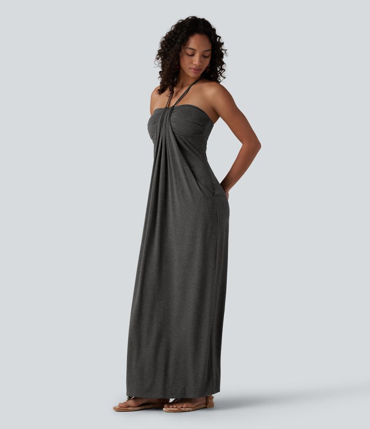 Robe longue dos nu à nouer avec soutien-gorge intégré et poches