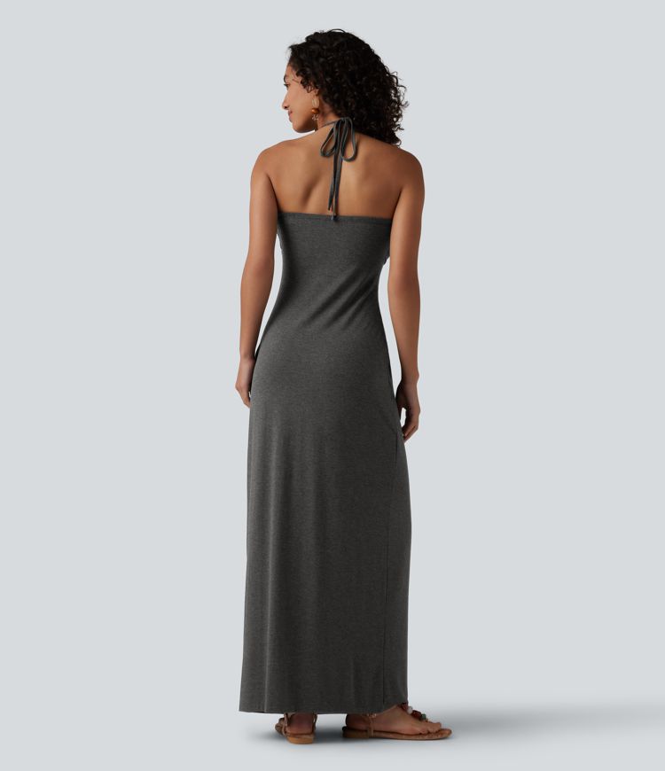 Robe longue dos nu à nouer avec soutien-gorge intégré et poches