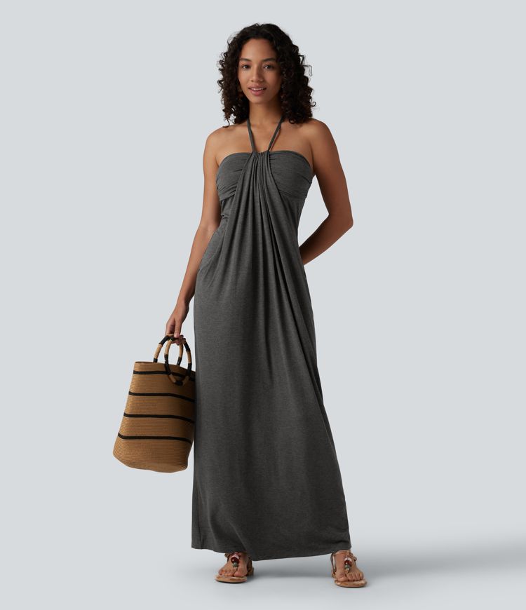 Robe longue dos nu à nouer avec soutien-gorge intégré et poches