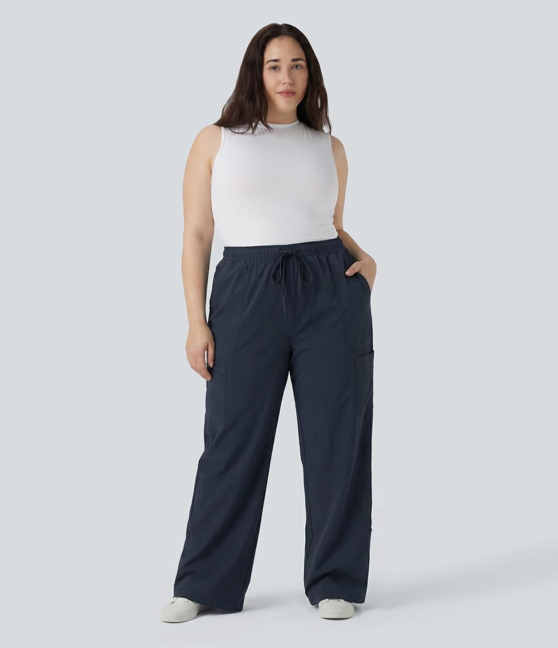 Plus Size Mid Rise Drawstring Adjustable Pant Length Casual Straight Leg Cargo Pants with Pockets