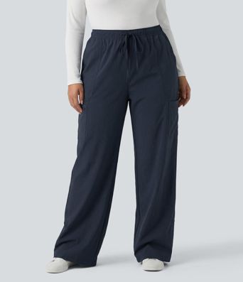 Plus Size Mid Rise Drawstring Adjustable Pant Length Casual Straight Leg Cargo Pants with Pockets