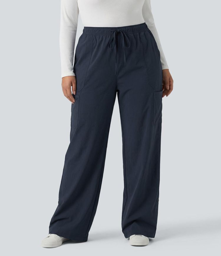 Plus Size Mid Rise Drawstring Adjustable Pant Length Casual Straight Leg Cargo Pants with Pockets