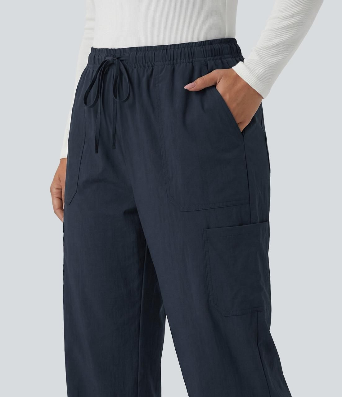 Plus Size Mid Rise Drawstring Adjustable Pant Length Casual Straight Leg Cargo Pants with Pockets