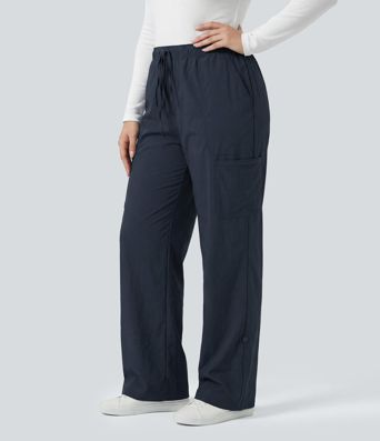 Plus Size Mid Rise Drawstring Adjustable Pant Length Casual Straight Leg Cargo Pants with Pockets