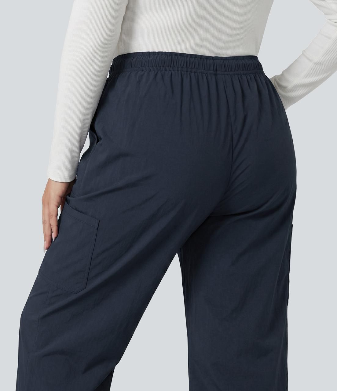 Plus Size Mid Rise Drawstring Adjustable Pant Length Casual Straight Leg Cargo Pants with Pockets