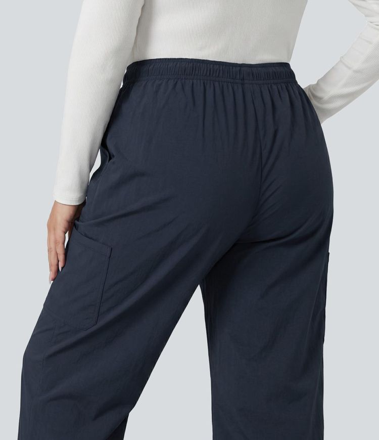 Plus Size Mid Rise Drawstring Adjustable Pant Length Casual Straight Leg Cargo Pants with Pockets
