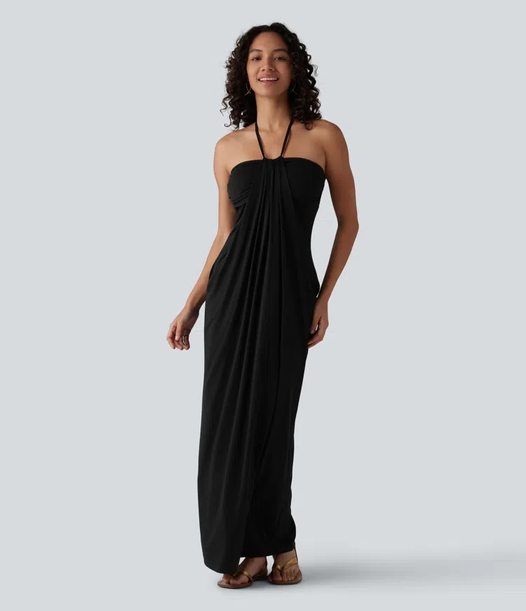Halter Tie Back Built-in Bra Maxi Dress with Pockets