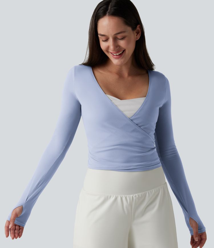 Haut casual SoftlyZero™ cache-cœur à manches longues avec passe-pouces, protection solaire UPF 50+