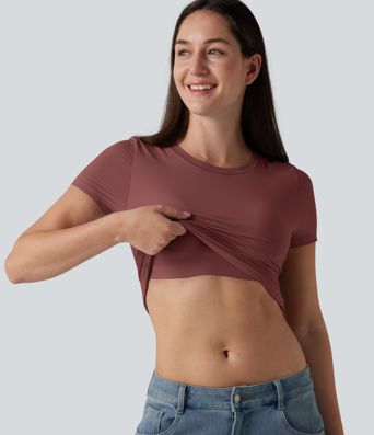 Scoop Neck Short Sleeve Built-in Bra Casual T-Shirt B-DD Cups