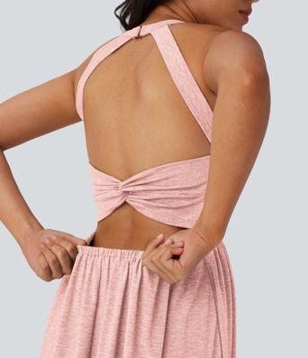 Robe longue fluide fendue avec poches latérales, dos nu et effet torsadé Robe longue fluide fendue avec poches latérales, dos nu et effet torsadé
