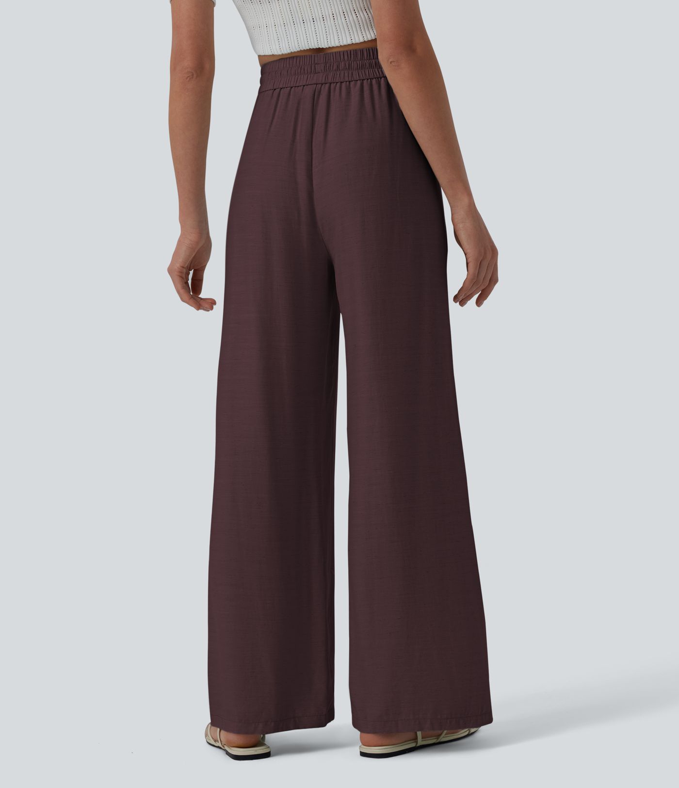 High Waisted Drawstring Wide Leg Casual Linen-Blend Trousers with Pockets