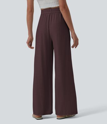 High Waisted Drawstring Wide Leg Casual Linen-Blend Trousers with Pockets