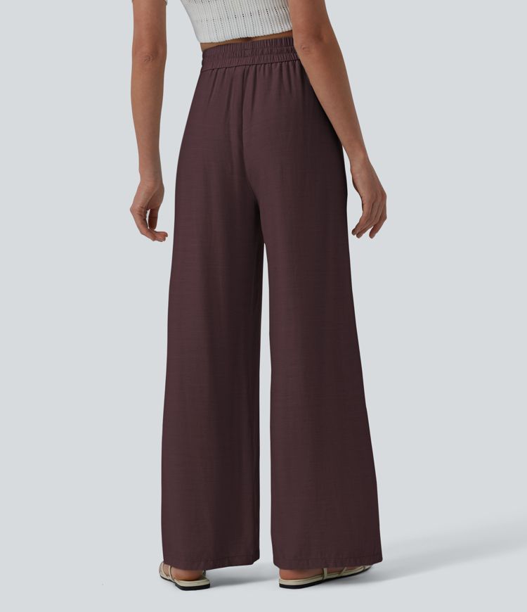 High Waisted Drawstring Wide Leg Casual Linen-Blend Trousers with Pockets